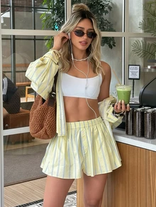 Bộ 2 trang phục thường ngày cho nữ, áo sơ mi sọc vàng cổ bẻ cài nút phía trước và quần short, thích hợp mặc hàng ngày - Màu vàng - Xem 3