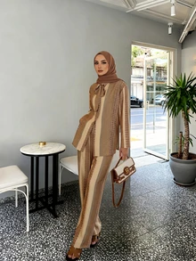 2pcs Ramadan Outfit Set, Bow Tie Front Elegant Striped Simple Suit For Women, Including Blouse And Regular Pants, Casual Bohemian Style - Yellow - View 3