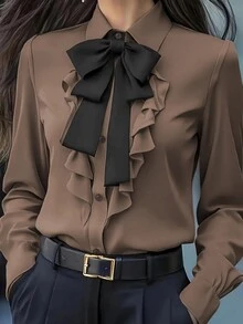 Women's Elegant Ruffle Bow Detail Long Sleeve Shirt - Solid Color, Long Sleeve, Front Button Design, Suitable For Commuting And Casual Wear, Casual Shirt | Elegant Blouse | Ruffle Bow Detail Spring - Coffee Brown - View 2