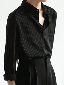 Plus Size Women's Casual Striped Shirt With Turndown Collar, Suitable For Commuting, Spring/Summer - Black - View 4