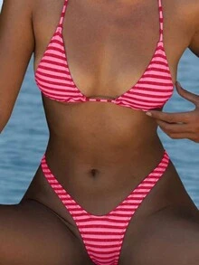 Women Vacation Stripe Printed Basic Swimwear For Summer Days From Poolside To Beachside, Everyday Mini Triangle Cheeky Bikini Beachwear - Red - View 1