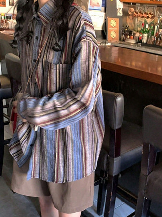 女式休闲宽松拼色条纹前排纽扣衬衫，适合户外、秋季