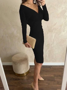 Women's Pleated V-Neck Mid-Length Long Sleeve OL Dress