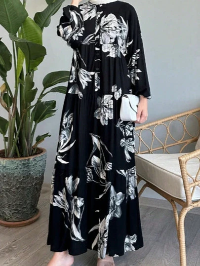 Women's Elegant Floral & Leaf Print Loose Cutout Neck Dress, Arabian Style