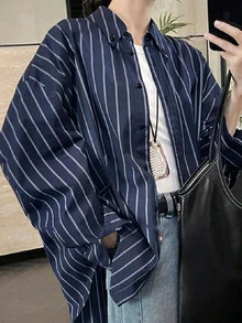 Women's Casual Striped Drop Shoulder Long Sleeve Single-Breasted Shirt, Spring/Summer - Royal Blue - View 4