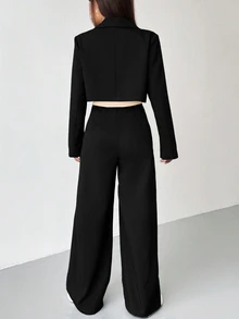 Ținută nouă pentru femei primăvară/vară 2025, stil de navetă, sacou lejer elegant cu design vintage și pantaloni largi, set din 2 piese, culoare uni neagră - Negru - Vizualizare 2
