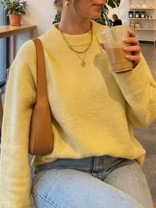 SEREN 春季新款女士圆领宽松休闲优雅简约都市通勤风时尚针织衫，米色毛衣，罗纹针织衫，黄色毛衣，NeoGirly - 黃色 - 查看 4