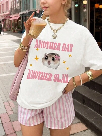 1 st söt t-shirt med tryck och kort ärm för tweenflickor, bekväm topp för yngre elever