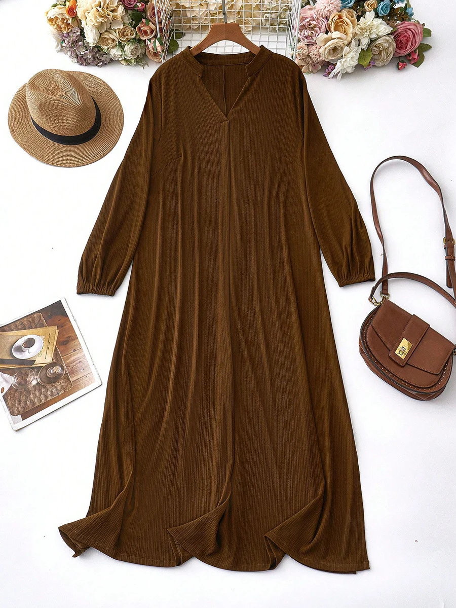 Plus Size Women's Casual Solid Color Notched Neck Sundress - Brown - View 1