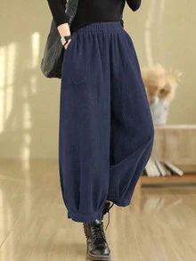 Women's Casual Solid Color Elastic Waist Loose Harem Pants, Spring/Autumn - New Blue - View 4