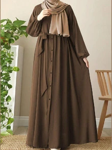 女士优雅阿拉伯风格纯色腰带灯笼袖长款宽松舒适睡袍