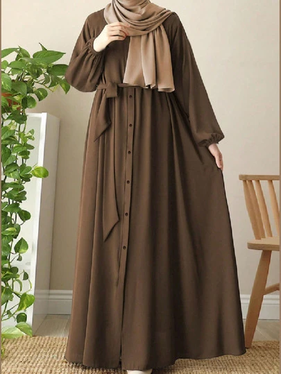 Women's Elegant Arabic Style Solid Color Waist Belt Lantern Sleeve Long Loose Comfortable Robe