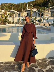 Ramadan Elegant Women's 2-Piece Set, Shirt Collar Button Front Pocket Blouse And A-Line Skirt, Loose Casual Outfit