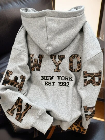 1pc Tween Girl Thermal Lined Thick Warm New York Print Sweatshirt, Young Student Clothing, Suitable For Kids Autumn/Winter Long Sleeve Top
