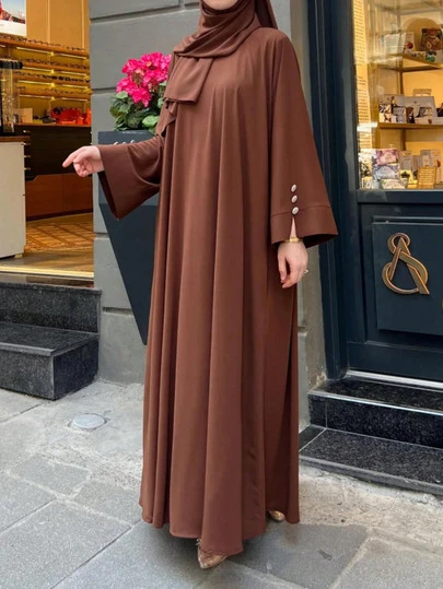 Women's Elegant Elegant Arabic Style Solid Color Button Decor Round Neck Loose Long Dress, Dignified Kaftan Robe