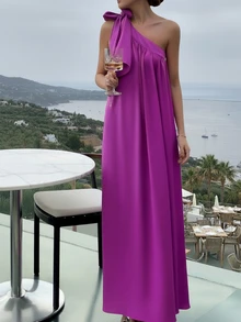 Elegant Solid Color Maxi One-Shoulder Dress, Summer - Hot Pink - View 5