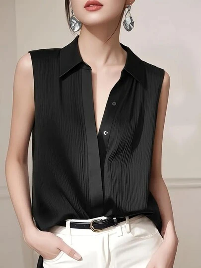 女士纯色无袖纽扣衬衫，优雅时尚，适合办公室、度假、休闲、约会、春/秋/夏季穿着。