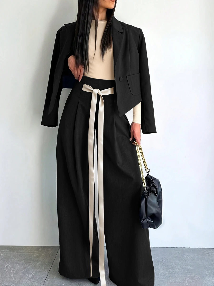 Ținută nouă pentru femei primăvară/vară 2025, stil de navetă, sacou lejer elegant cu design vintage și pantaloni largi, set din 2 piese, culoare uni neagră - Negru - Vizualizare 1