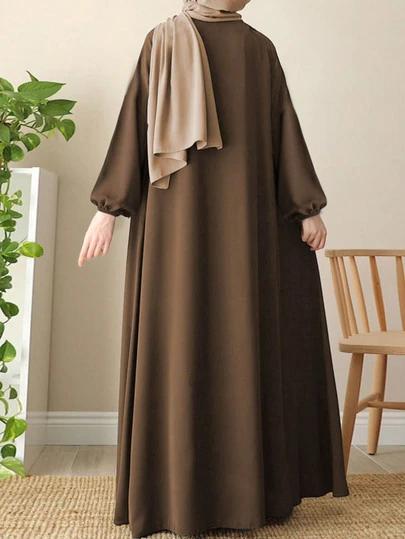 Women's Elegant Arabic Style Solid Color Waist Belt Lantern Sleeve Long Loose Comfortable Robe Eid Spring