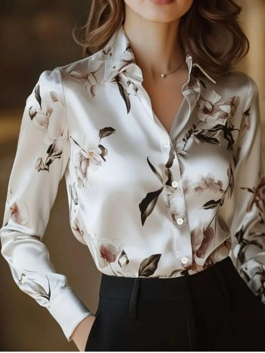 1 pieza Camisa de manga larga con botones y estampado floral, adecuada para citas, vacaciones, cumpleaños, fiestas, viajes, primavera/otoño