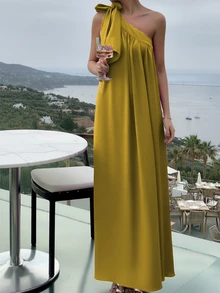 Elegant Solid Color Maxi One-Shoulder Dress, Summer - Mustard Yellow - View 4