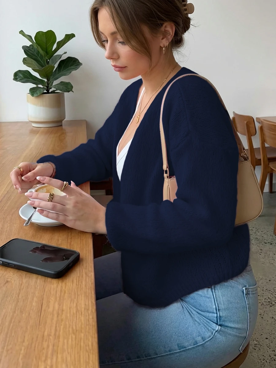 Áo khoác cardigan cổ chữ V dáng rộng LUBI Basic, kiểu dáng thoải mái, chất liệu vải dệt kim mềm mại, màu trơn, phù hợp cho mùa xuân, thu và đông, trang phục thường ngày, đi làm, uống trà chiều, du lịch. - Màu xanh hải quân - Xem 1