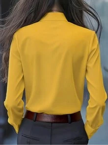 Camisa de mujer de manga larga con detalle de volantes y lazo - unicolor, manga larga, diseño de botones delanteros, adecuada para ir a trabajar y uso casual, camisa casual | Blusa elegante | Detalle de volantes y lazo primaveral - Amarillo - Ver 2