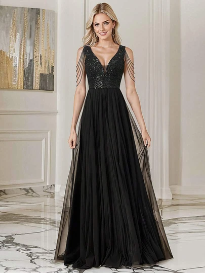  HOMEYEE Autumn/Winter Christmas New Year Fashion Sexy V-Neck Sleeveless Sequin Lace Mesh Chain Elegant A-Line Cocktail Party Formal Evening Gown Dress For Wedding Guest, For Valentine's Day