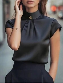 1件女士纯色缎面纽扣优雅时尚短袖衬衫，适合办公室、度假、休闲、约会、春/秋/夏季穿着，黑色 - 黑色 - 查看 2