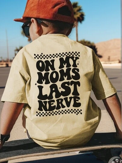 1pc Kids Boys' Casual English Letter Print Apricot Round Neck Short Sleeve T-Shirt, Summer Tops