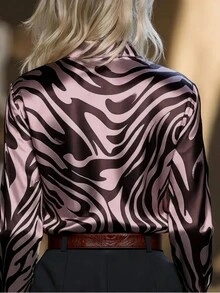 女士撞色印花缎面长袖衬衫，纽扣前开襟，优雅时尚，适合办公室、度假、居家、日常穿着，四季皆宜，粉色春季款 - 粉色 - 查看 2