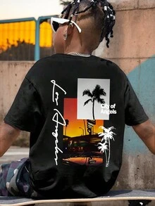 1pc Tween Boy Coconut Tree Graphic Short Sleeve T-Shirt, Suitable For Preparing To Play At The Beach In Summer - Black - View 1