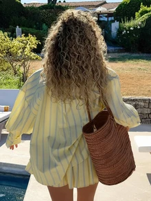 Bộ 2 trang phục thường ngày cho nữ, áo sơ mi sọc vàng cổ bẻ cài nút phía trước và quần short, thích hợp mặc hàng ngày - Màu vàng - Xem 4