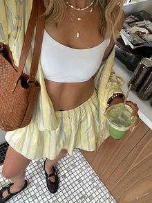 Bộ 2 trang phục thường ngày cho nữ, áo sơ mi sọc vàng cổ bẻ cài nút phía trước và quần short, thích hợp mặc hàng ngày - Màu vàng - Xem 2