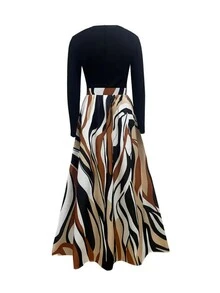 1 chiếc đầm nữ thanh lịch phối màu kẻ sọc, họa tiết hình học, cổ tròn, tay dài, eo chun, thích hợp cho tiệc tùng, đám cưới, du lịch, mặc hàng ngày, màu đen xuân/thu. - màu đen - Xem 3