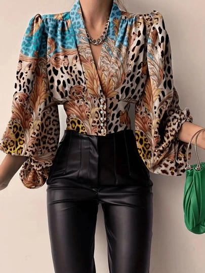 Women's Leopard Print Lantern Sleeve Cinched Waist Fashionable Blouse, Spring/Summer