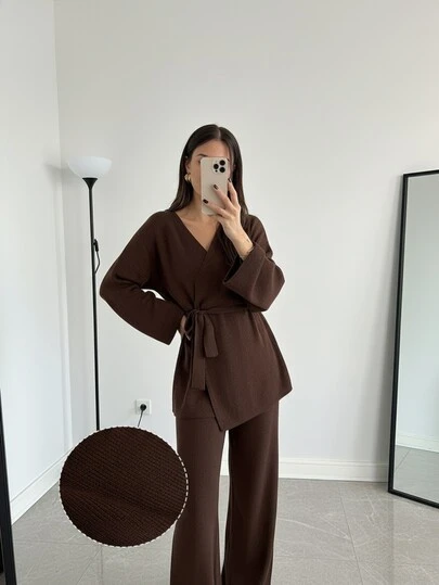 Women's Elegant 2 Pieces Set, Notched Neck Tie Front Slightly Oversized, Stretchy Fabric, Suitable For Winter Wear