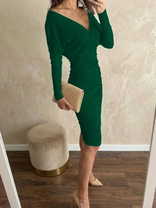Women's Pleated V-Neck Mid-Length Long Sleeve OL Dress
