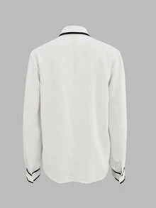 1pc Women's Contrast Color Trim Knotted Elegant Long Sleeve Blouse, Suitable For Holiday, Office, Daily Wear, All Seasons - White - View 2