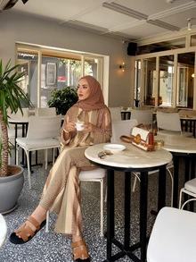 2pcs Ramadan Outfit Set, Bow Tie Front Elegant Striped Simple Suit For Women, Including Blouse And Regular Pants, Casual Bohemian Style - Yellow - View 1