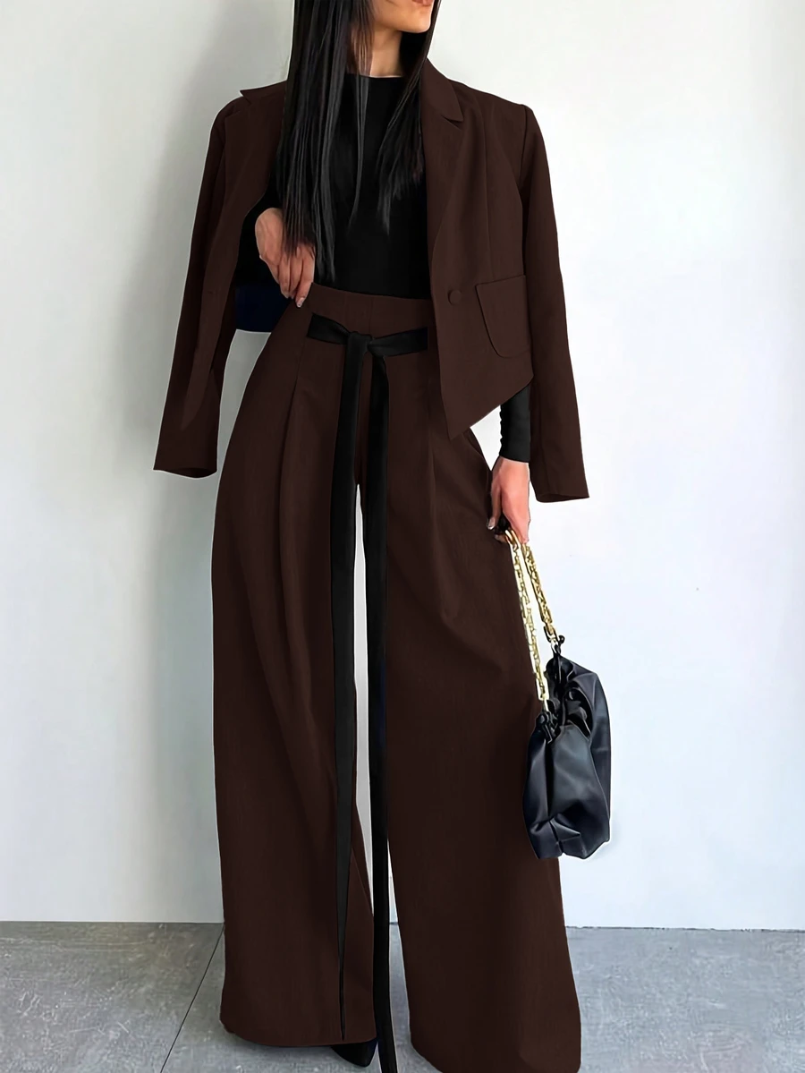Conjunto de invierno para mujer 2026 nueva llegada, elegante conjunto de 2 piezas para ir al trabajo con blazer corto de corte holgado y diseño retro de moda con cintura con lazo y pantalones de pierna ancha, unicolor - Café integral - Ver 1