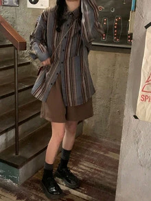 大码女式休闲宽松条纹落肩长袖衬衫，春夏款