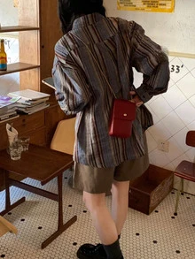 大码女式休闲宽松条纹落肩长袖衬衫，春夏款