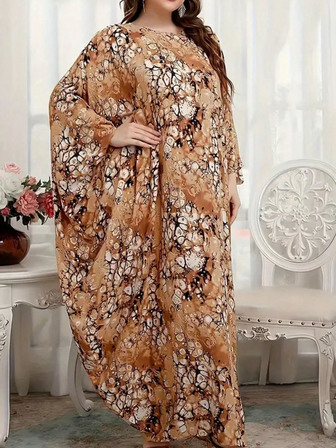 女士优雅复古花卉印花蝙蝠袖长裙