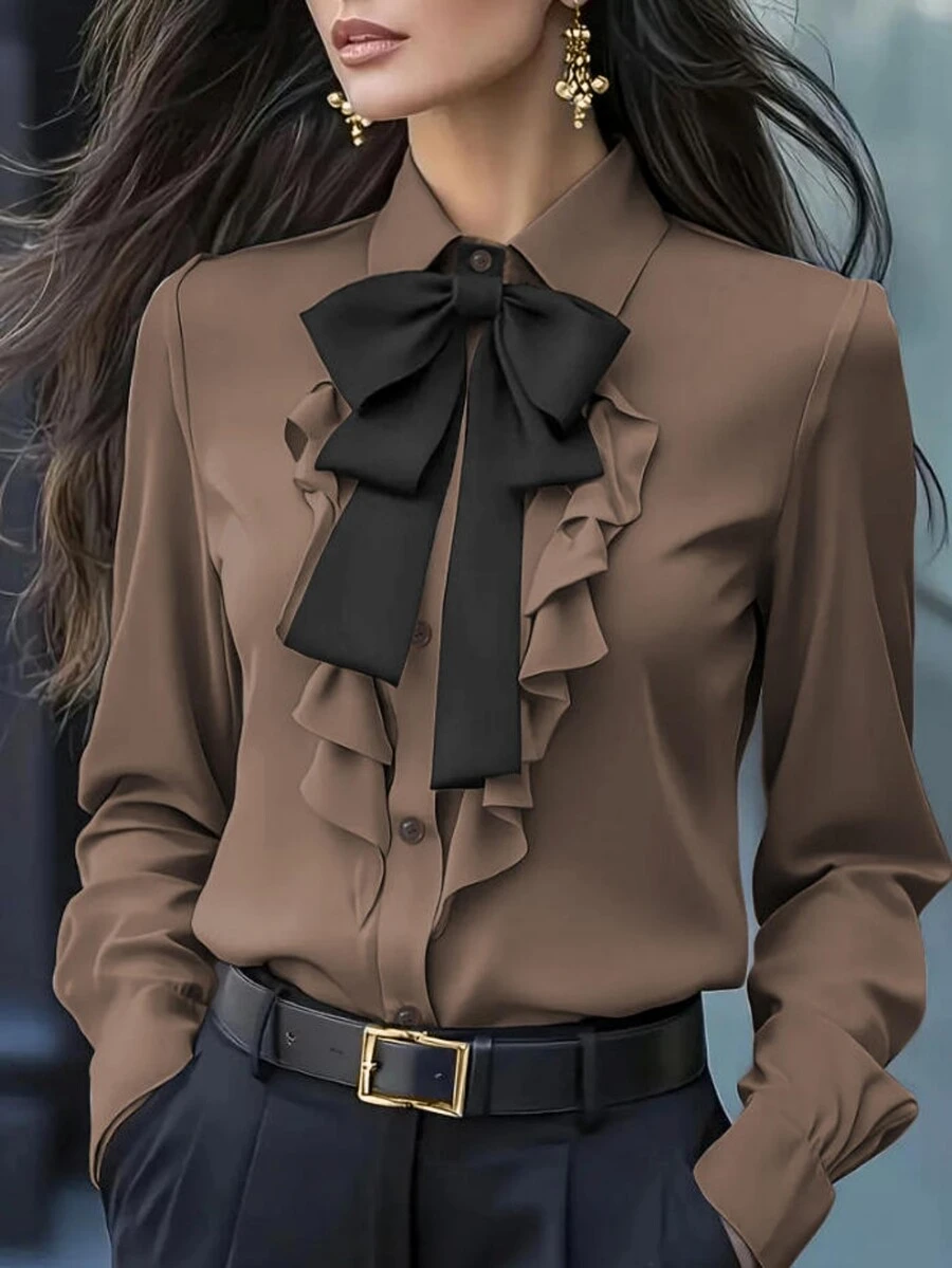 Women's Elegant Ruffle Bow Detail Long Sleeve Shirt - Solid Color, Long Sleeve, Front Button Design, Suitable For Commuting And Casual Wear, Casual Shirt | Elegant Blouse | Ruffle Bow Detail Spring - Coffee Brown - View 1
