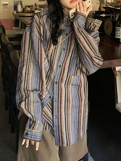 大码女式休闲宽松条纹落肩长袖衬衫，春夏款