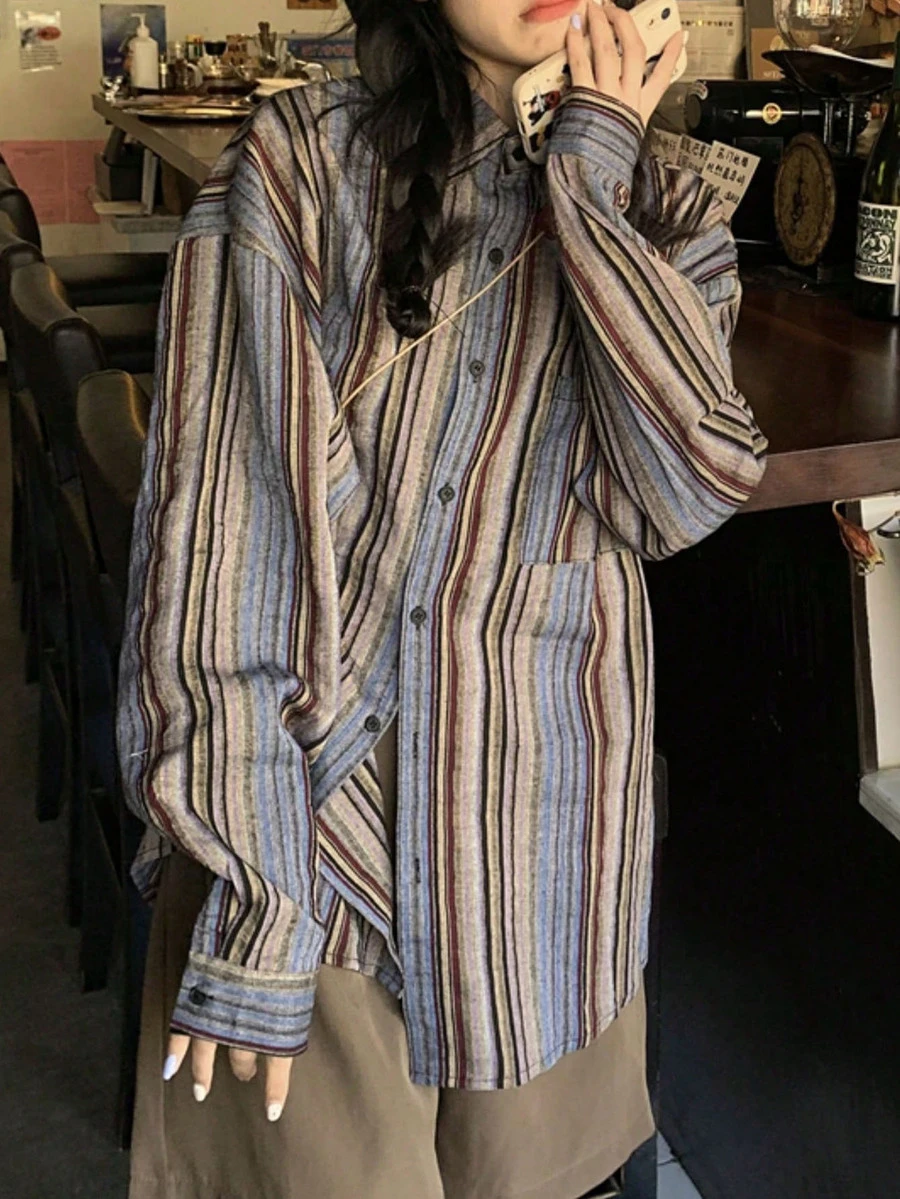 大码女式休闲宽松条纹落肩长袖衬衫，春夏款