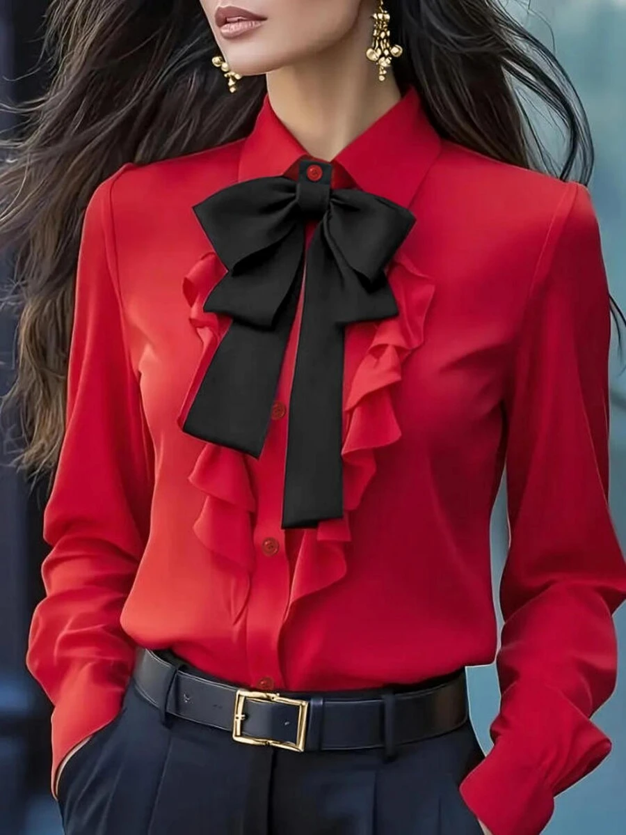 女士优雅荷叶边蝴蝶结长袖衬衫 - 纯色，长袖，前襟纽扣设计，适合通勤和休闲穿着，休闲衬衫 | 优雅上衣 | 荷叶边蝴蝶结细节 春季 - 查看 1