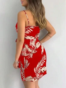 女士碎花吊带系带休闲迷你连衣裙，春夏款 - 紅色 - 查看 3