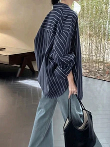 Women's Casual Striped Drop Shoulder Long Sleeve Single-Breasted Shirt, Spring/Summer - Royal Blue - View 3